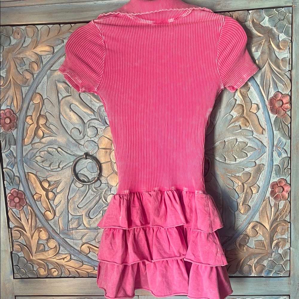 Pink Ribbed Mini romper Dress with Ruffle Skirt - Picture 7 of 9